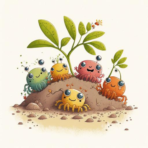 a group of happy small crabs planting trees. children's book. colorful