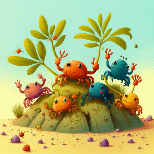 a group of happy small crabs planting trees. children's book. colorful