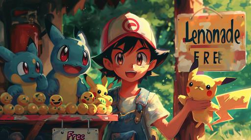 ash, from pokemon, selling pokeballs and pokemon in a garage sale, 