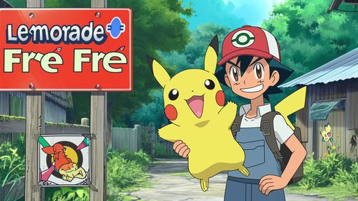 ash, from pokemon, selling pokeballs and pokemon in a garage sale, 