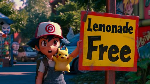 ash, from pokemon, selling pokeballs and pokemon in a garage sale, 