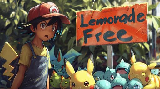 ash, from pokemon, selling pokeballs and pokemon in a garage sale, 