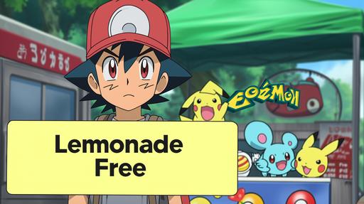 ash, from pokemon, selling pokeballs and pokemon in a garage sale, 