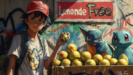 ash, from pokemon, selling pokeballs and pokemon in a garage sale, 