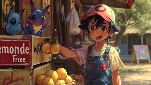 ash, from pokemon, selling pokeballs and pokemon in a garage sale, 