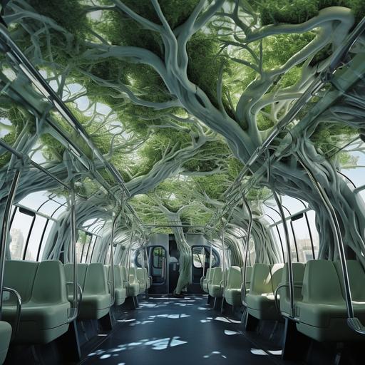 photorealistic, A huge tree inside of a bus , the branches of the tree are growing on the ceiling and the roots are growing on the floor of the bus, make it look as if the the tree is taking over the bus--ar 16:9