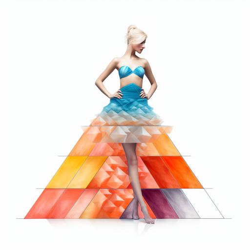 ashion design white background, full body, shape of the design pyramid, box , blue, pink, orange, black colour, transparent