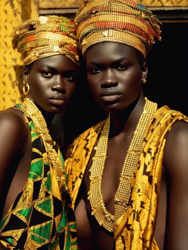 ashion photography, two models. gold jewelry. gold necklace. gold bracelet. west african king. shot on Fuji Color C200. the models are wearing bright traditional outfits, 85mm f/2.2, lense --ar 3:4 --v 5.1