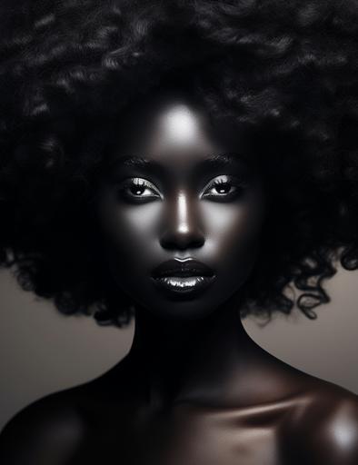 ashionable black lady with coal black skin, --ar 17:22 --style raw --stylize 45 --v 5.2