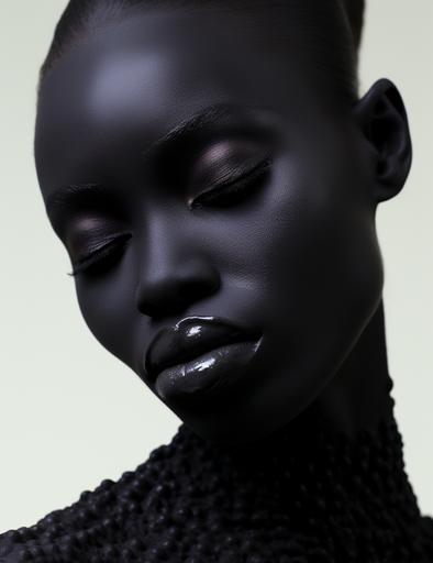 ashionable black lady with coal black skin, --ar 17:22 --style raw --stylize 45 --v 5.2