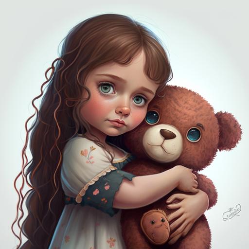 a little girl with blue eyes and brown long braided hair and rosy cheeks hugging a brown cute Teddy bear, cartoon