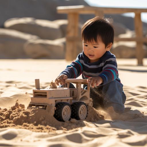 asian american 3 year old boy playing with toy dump truck in the sand