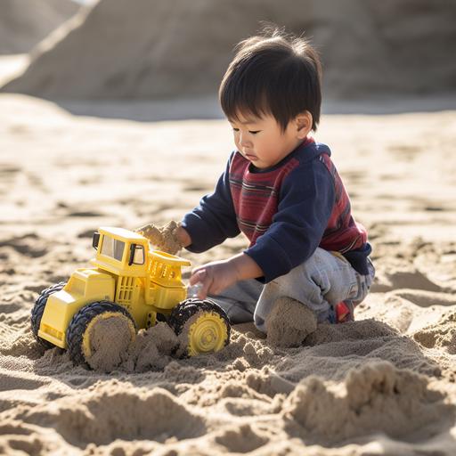 asian american 3 year old boy playing with toy dump truck in the sand