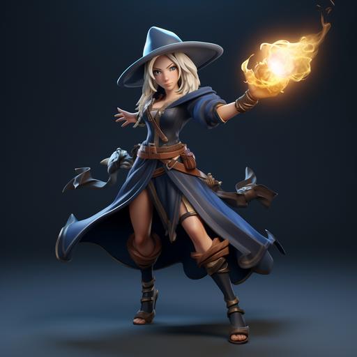 asian blond witch magican, fighter, in action pose, 3d, caricature, octane render, photorealistic, very dark blue background