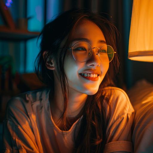 asian girl at room, smile, real photo, wearing glasses, at home, night, V 6