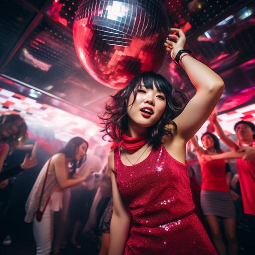 asian girl dancing blissful in energetic night club with pink and red , people dacing behind her, canon r6 mark ii, no flash, sigma 35mm lens 1.4, hyper realistic, cinematic, moody, disco ball on ceiling, rule of thirds