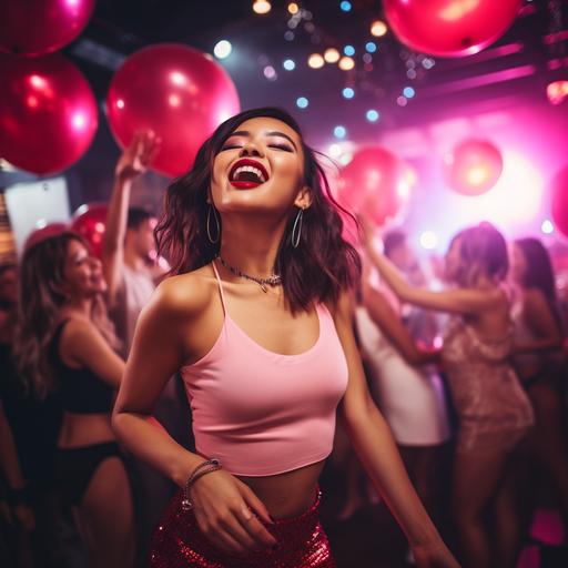 asian girl dancing blissful in energetic night club with pink and red ambiant lighting, people dacing behind her,canon r6 mark ii, hyper realistic, cinematic, moody, disco ball on ceiling