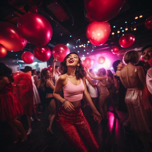 asian girl dancing blissful in energetic night club with pink and red ambiant lighting, people dacing behind her,canon r6 mark ii, hyper realistic, cinematic, moody, disco ball on ceiling