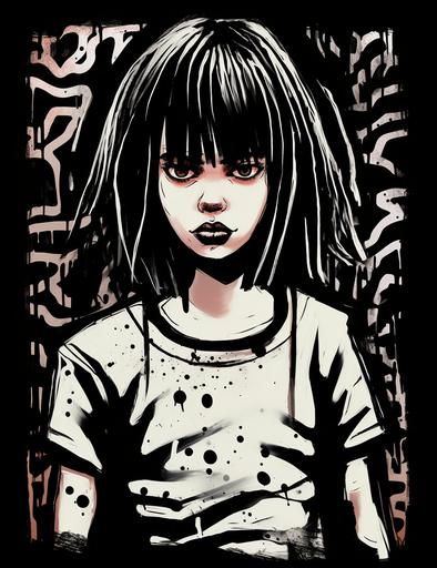 ::1 asian girl emo punk rock, style of kim jung gi, black and white. t-shirt design::3 --style raw --ar 216:279 --upbeta --s 250