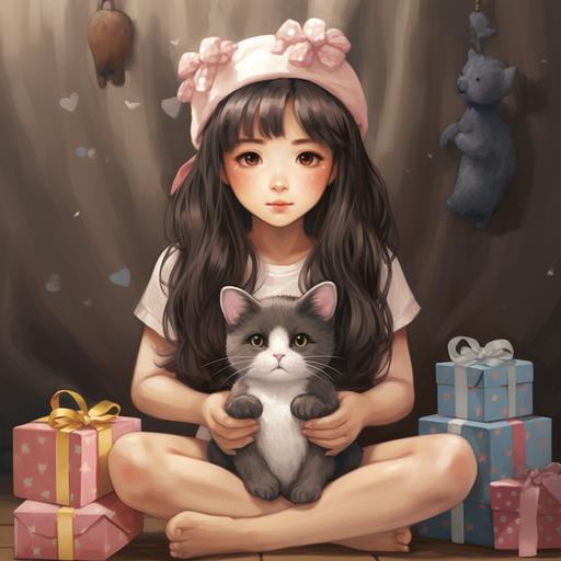 asian girl sitting with two cats: one is black and white cat and one is a grey and white cat, holding a birthday present with a headband with bear ears