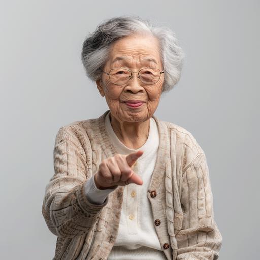 asian grandma point at front with proud expression, sit full body, simple clothing, bright photography, high resolution, lifestyle --v 6.0