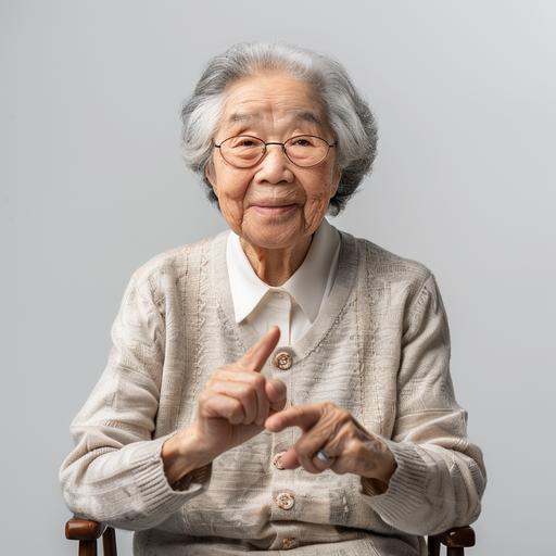asian grandma point at front with proud expression, sit full body, simple clothing, bright photography, high resolution, lifestyle --v 6.0