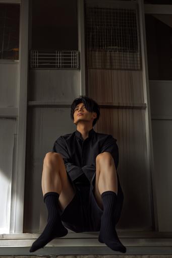 asian male, black long dressed socks, adverstisement, model, conceptual art --v 6.0 --ar 2:3