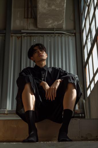 asian male, black long dressed socks, adverstisement, model, conceptual art --v 6.0 --ar 2:3