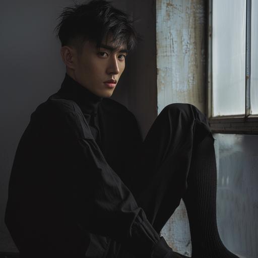 asian male, short hair cut, black long dressed socks, adverstisement, model, art