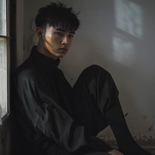 asian male, short hair cut, black long dressed socks, adverstisement, model, art