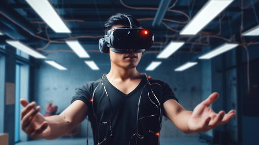 asian man wearing VR headset, looking down at his body, hands being scanned with lights, archviz space  --ar 16:9 --s 50