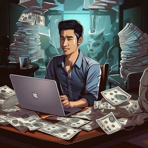asian man with a computer email marketing, lots of cash all around cartoon, linkedin