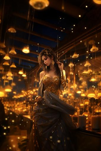 asian night out with a woman in gold, in the style of rendered in unreal engine, matte photo, masamune shirow, guillaume seignac, glimmering transformation, cute and dreamy, xiaofei yue --ar 85:128