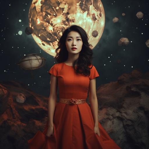 asian woman dress in 60's style cry outloud on the moon alone with desparate atmosphere