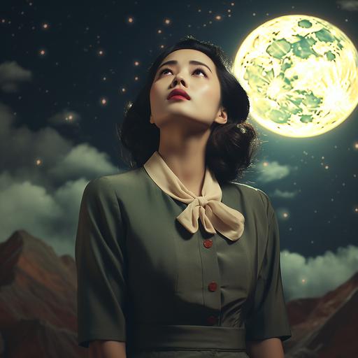 asian woman dress in 60's style cry outloud on the moon alone with desparate atmosphere