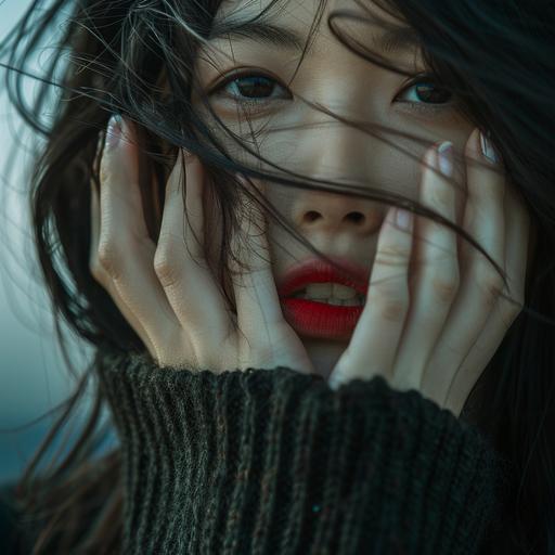 asian woman with black hair, 25 years old, hand on face, hide mouth by hands, clear edge definition, 32uhd, 26mm f1.6 canon pro camera https://