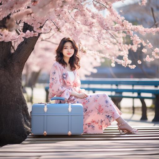 asian young woman wearing floral dress sitting on a outdoor bench and holding her pink blue travel suitcase, photography, 35 mm lens, short depth of filed, bird eye view angle, clear day, sakura tree on the background, realistic, high detailed, --style raw --v 5.2