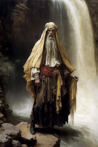 assassin’s creed in Karbala, imam hussain ibn ali, Sublime oil painting, with beautiful eyes, long dirty blonde beard, determined, philosophical, tonalism, by Thomas Wilmer Dewing, James Whistler, John Everett Millais, William Blake, Gustave Dore wonderful full body portrait smiling picant ribbon underbra young woman at the waterfall lagoon --ar 2:3 --q 2 --v 4