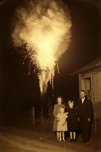 asterism | by mierlu::0 stressful footage of a 1800’s freaky family in the United States outside their house at night. Scary nuclear explosion asterism animal in the sky, photographed by man ray --v 5.2 --ar 2:3