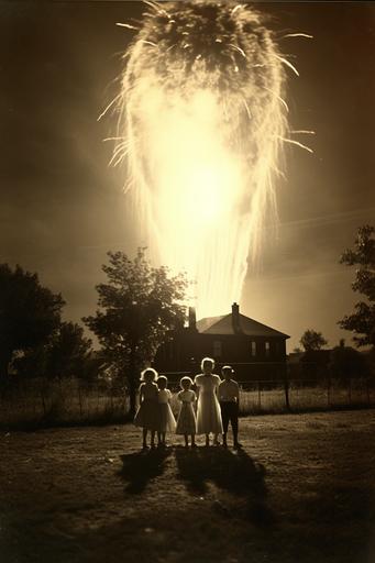 asterism | by mierlu::0 stressful footage of a 1800’s freaky family in the United States outside their house at night. Scary nuclear explosion asterism animal in the sky, photographed by man ray --v 5.2 --ar 2:3