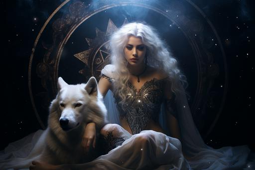 asterism goddess and asterism wolf posing together in an asterism world --ar 3:2