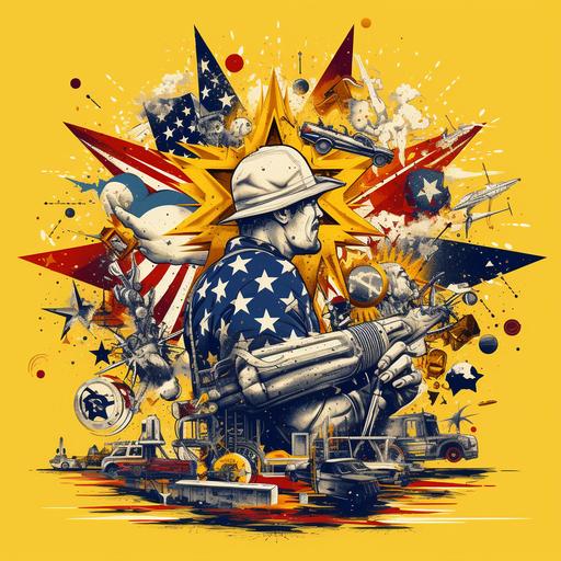 asterism in the style of American flags, bald eagles, fireworks, guns, tractors. Yellow