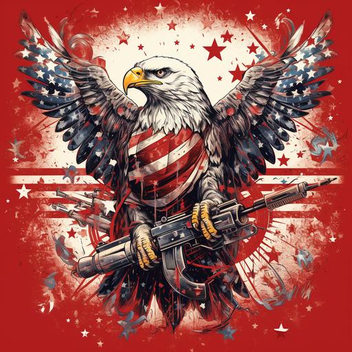 asterism in the style of American flags, bald eagles, fireworks, guns, tractors. Red