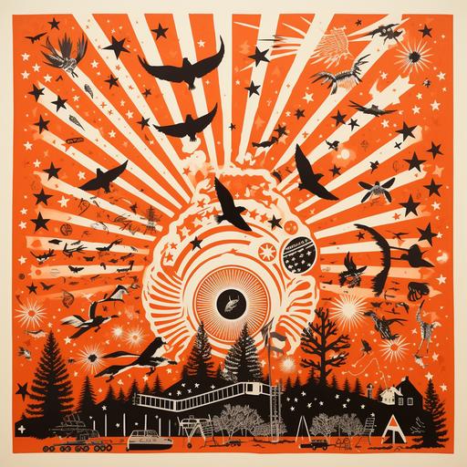 asterism in the style of American flags, bald eagles, fireworks, guns, tractors. Orange