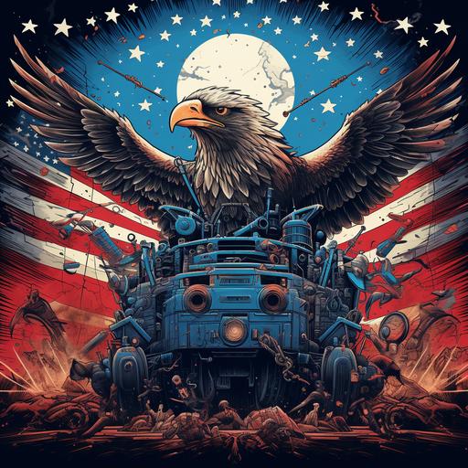 asterism in the style of American flags, bald eagles, fireworks, guns, tractors. Blue