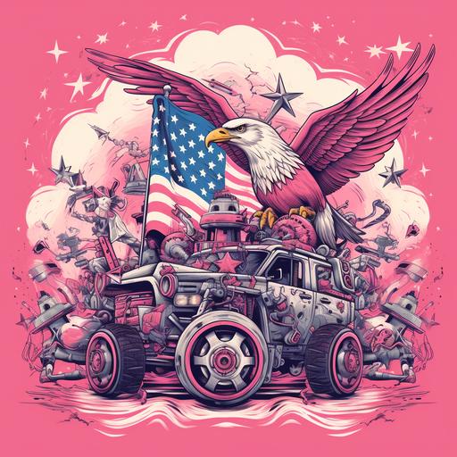 asterism in the style of American flags, bald eagles, fireworks, guns, tractors. Pink