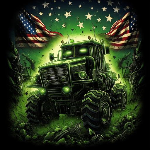 asterism in the style of American flags, bald eagles, fireworks, guns, tractors. Green