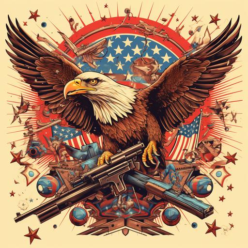 asterism in the style of American flags, bald eagles, fireworks, guns, tractors. Brown