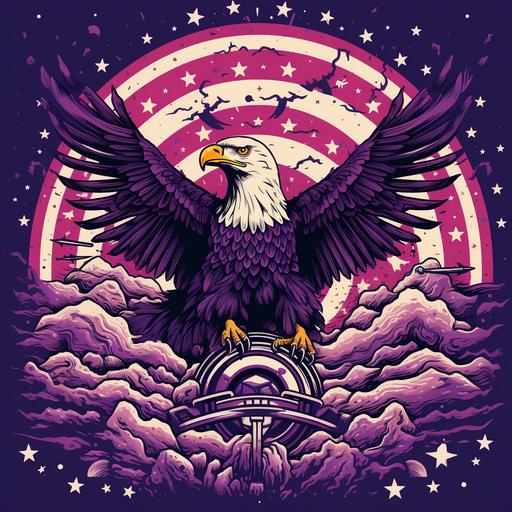 asterism in the style of American flags, bald eagles, fireworks, guns, tractors. Purple