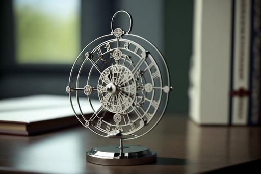 astrolabe kinetic toy, isaac newton, orbital perpetual motion toy, chrome, executive desk toy, physics, product photography --ar 3:2 --q 3 --c 80